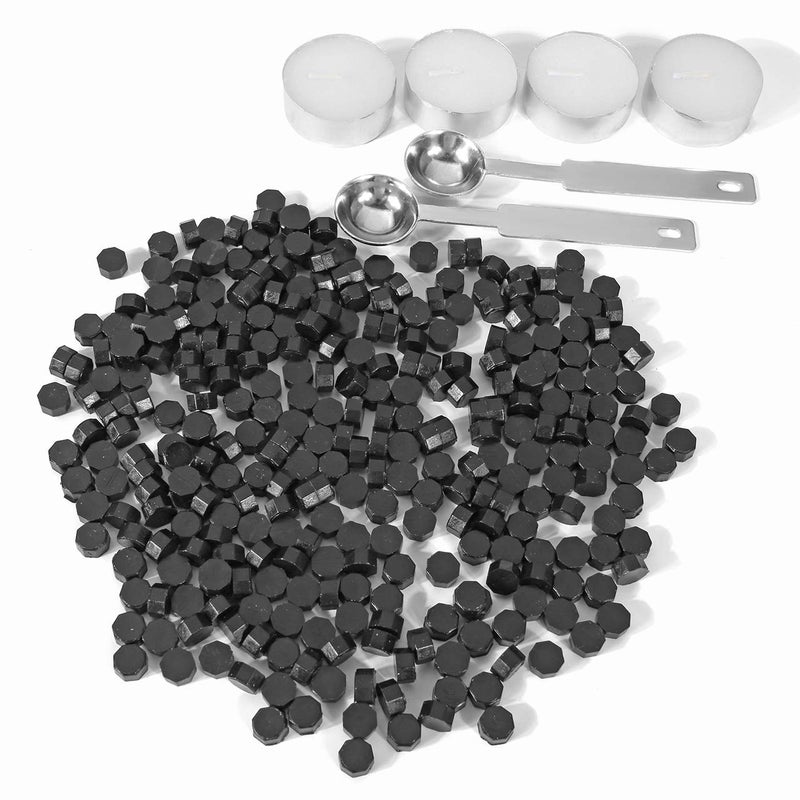 Yoption Black Sealing Wax Beads, Yoption 300 Pcs Octagon Wax Seal Beads Kit with 2 Melting Spoon and 4 Candles for Wedding Invitation Envelopes Gift Wrapping (Black) - Image 2